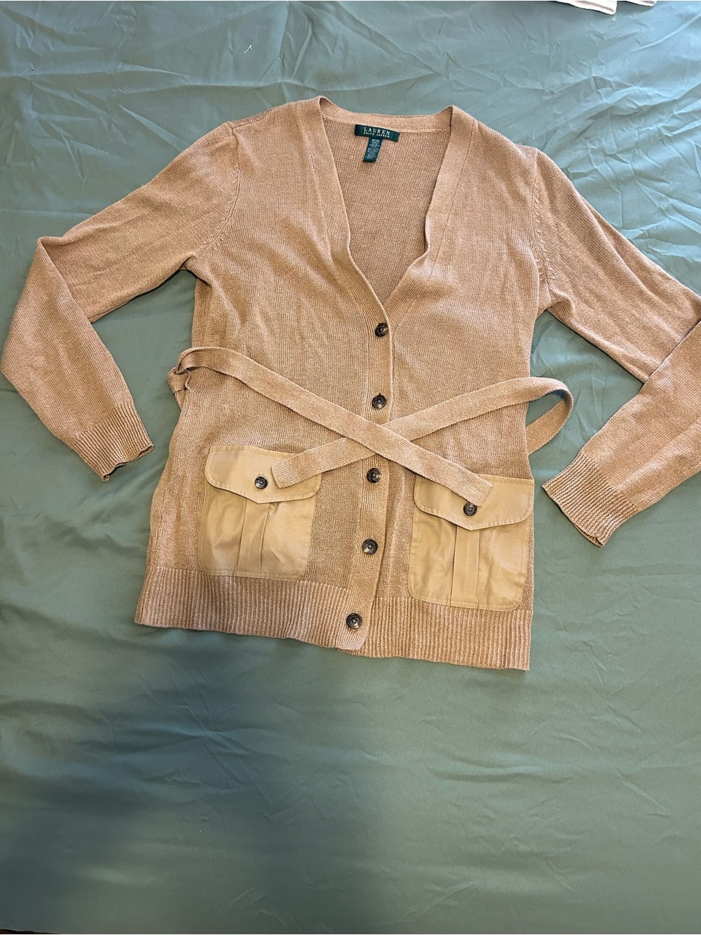 Ralph Lauren Tan Belted Pocket Cardigan